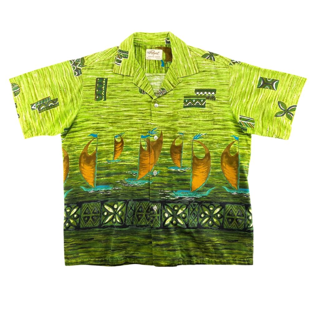 Vintage 1960s Royal Men's Shop Canoe Aloha Loop Collar Camp Shirt L Rockabilly